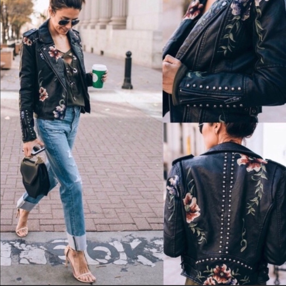 Vegan leather moto jacket with floral appliqué